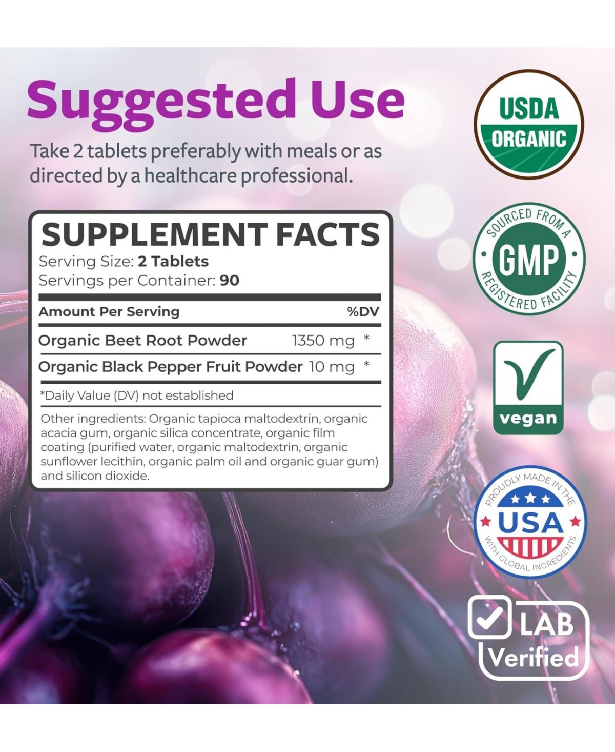 Healths Harmony Beet Root Powder Tablets with Pepper Extract, 1,350 Milligram Per Serving, 180 Tablets