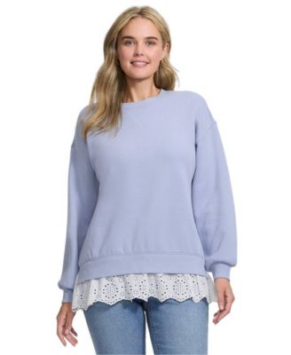 Women's Long Sleeve Serious Sweats Lace Hem Crew Neck Tunic Sweatshirt