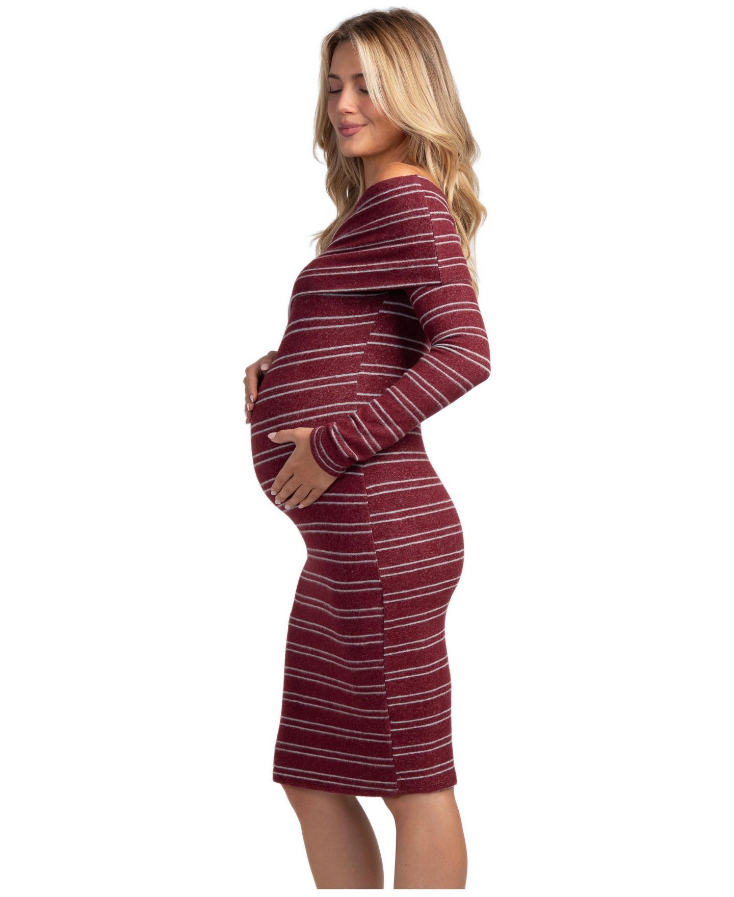 Женское платье Hello Miz Maternity Off-the-Shoulder Bodycon Striped Sweater Dress, цвет: Бордовый — фото 2