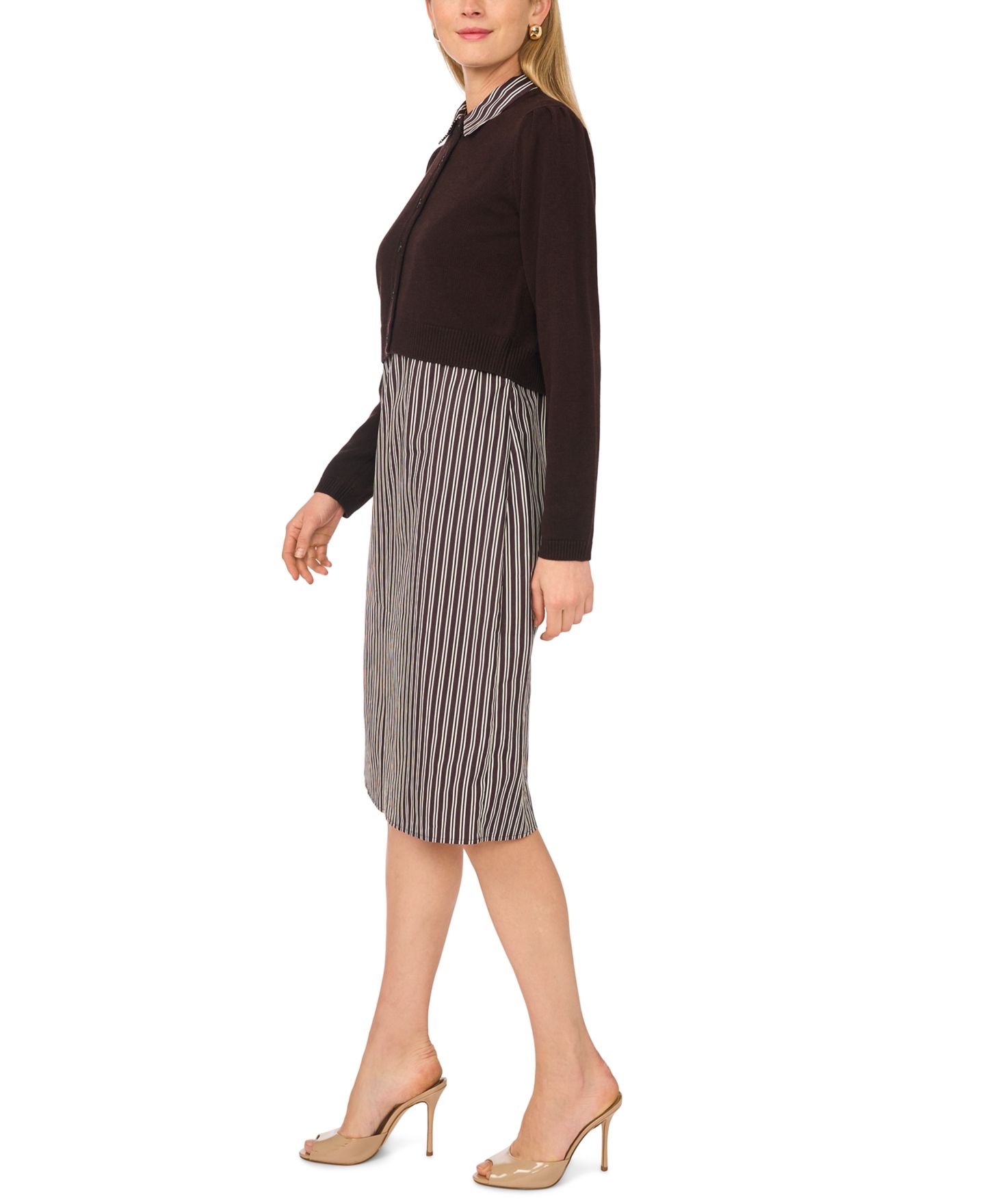 Женские платья MSK Long-Sleeve Striped Cotton Midi Dress with Cardigan Sweater, 2-Piece Set, цвет: Carob — фото 3