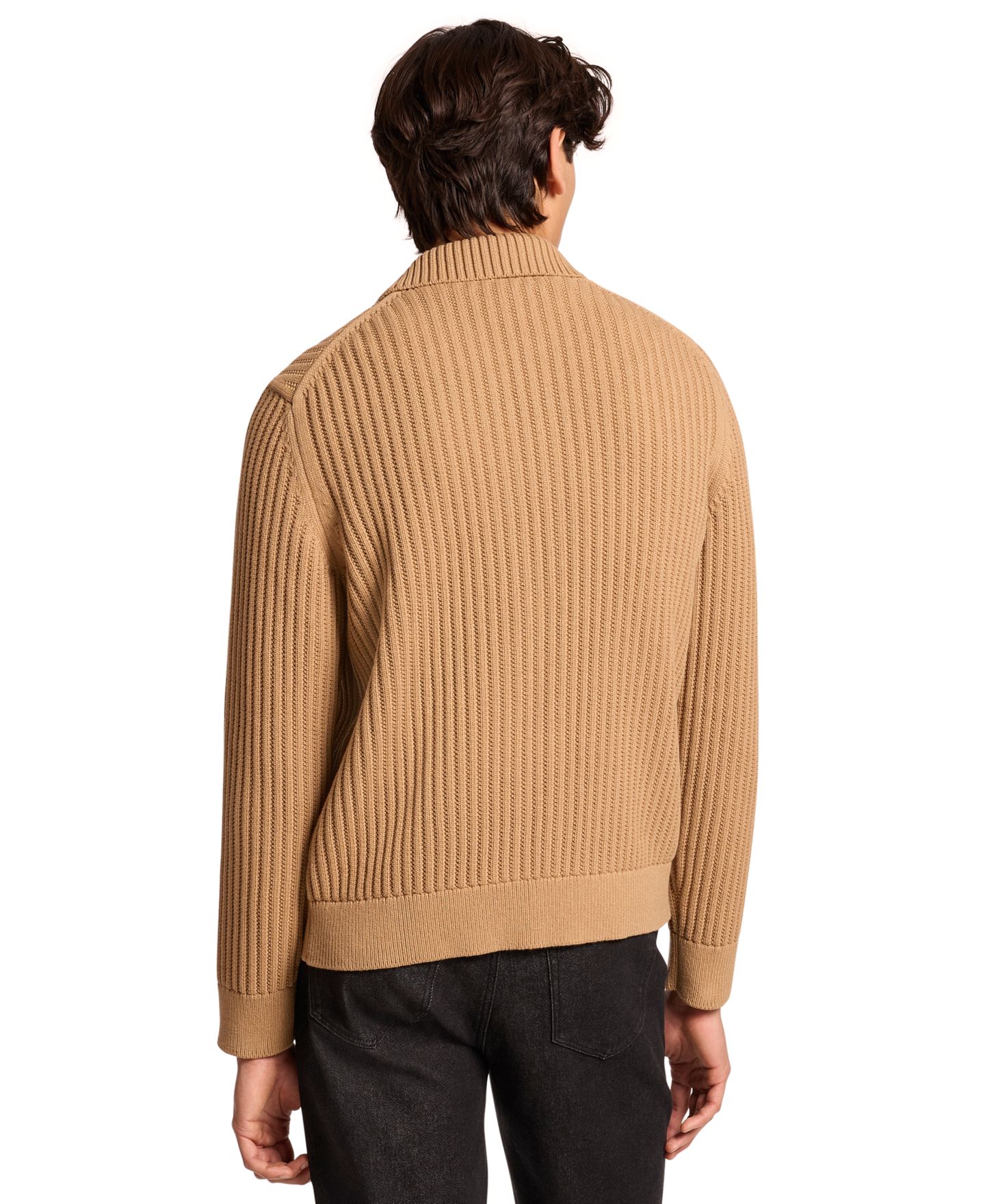Мужской кардиган Michael Kors Long-Sleeve Ribbed Cotton-Blend Zip-Up, цвет: Тёмный верблюжий — фото 3