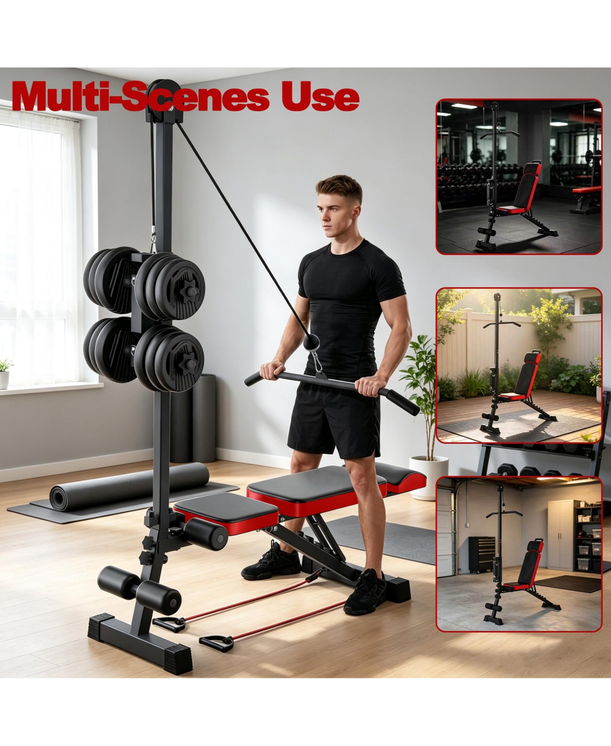 Zeny Multi Angle Adjustable Weight Bench With Pulley and Resistance Cords Compact Home Gym Equipment