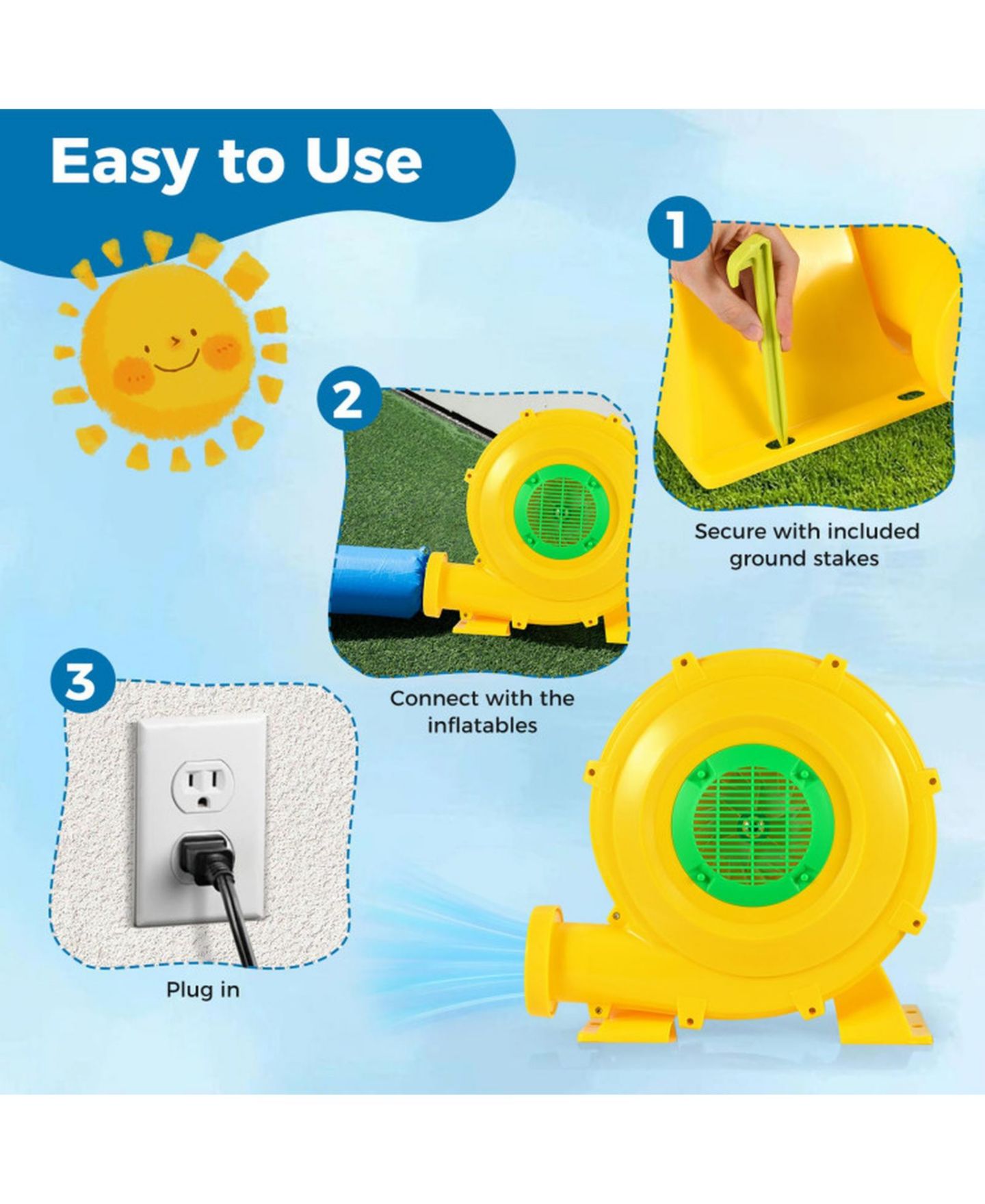 Детские фигурки SUGIFT 980W Portable Bounce House Blower 1550 CFM Air Pump Fan with Carry Handle and Ground Stakes, цвет: Жёлтый — фото 7