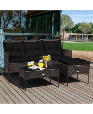 3 Piece Patio Rattan Furniture Set 3-Seat Sofa Cushioned Table Garden