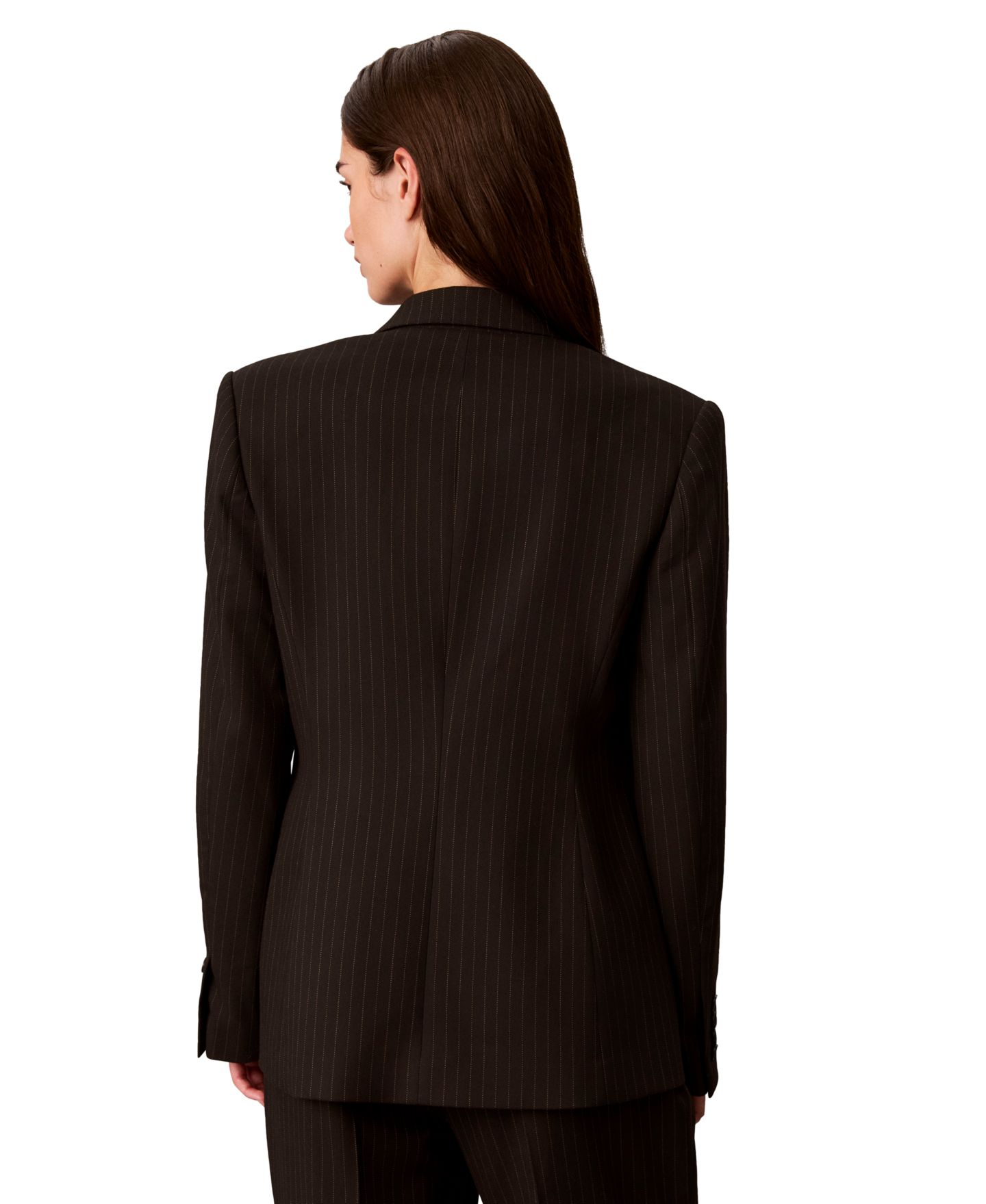 Женский пиджак Calvin Klein Double-Breasted Pinstripe Notch Collar Blazer, цвет: Чёрный / Седельно-коричневый — фото 5