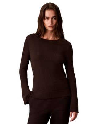 Women's Ribbed Sculpted-Sleeve Crewneck Sweater