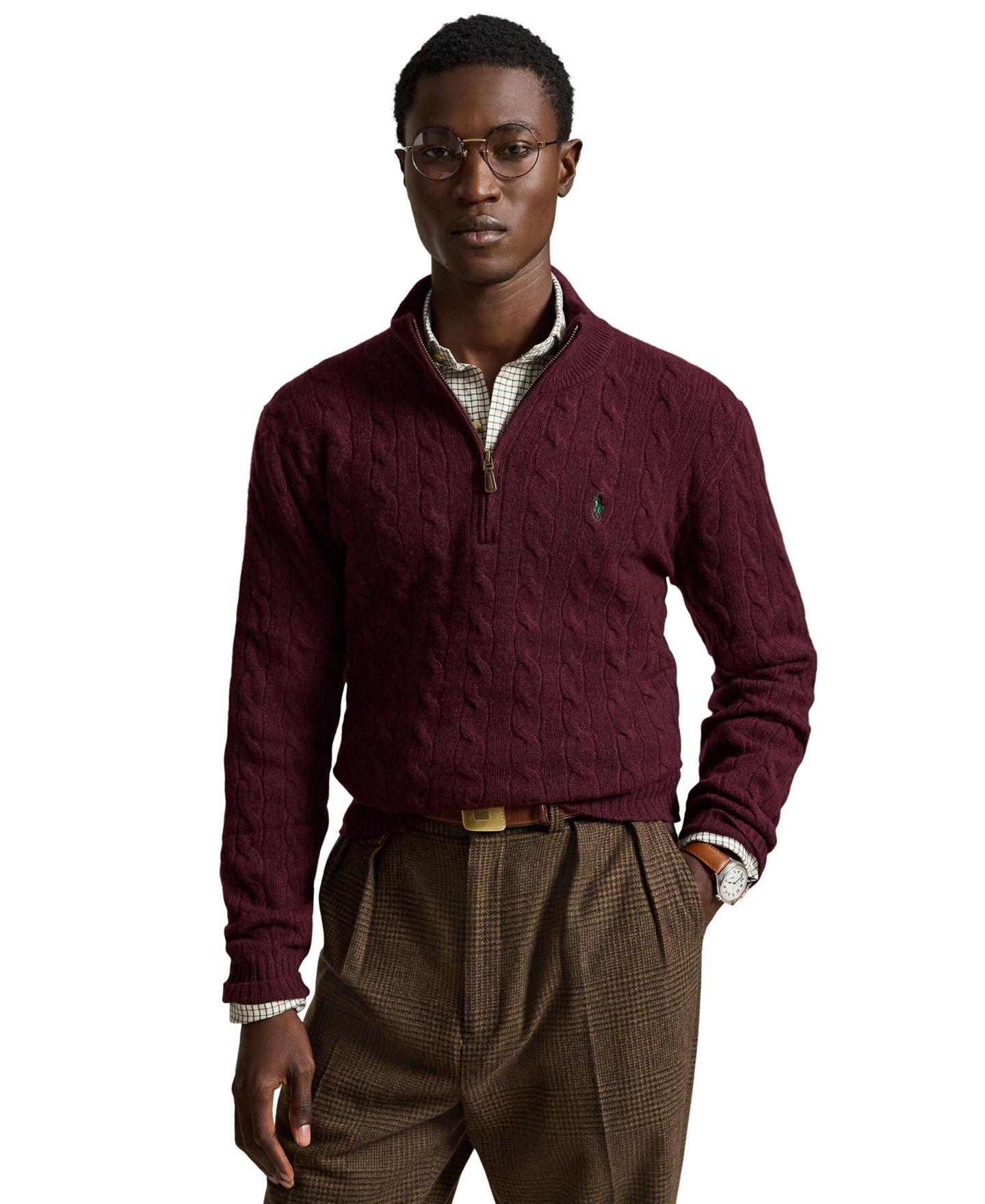 Мужской свитер Polo Ralph Lauren Cable-Knit Quarter-Zip, цвет: Винный меланжевый — фото 1