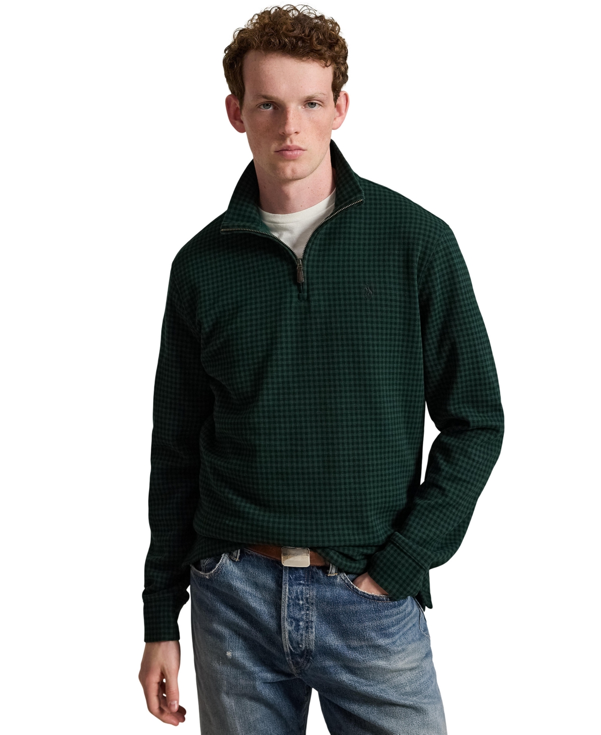 Polo Ralph Lauren Men's Estate-Rib Cotton Quarter-Zip Pullover - Micro Holiday Check Moss Agate