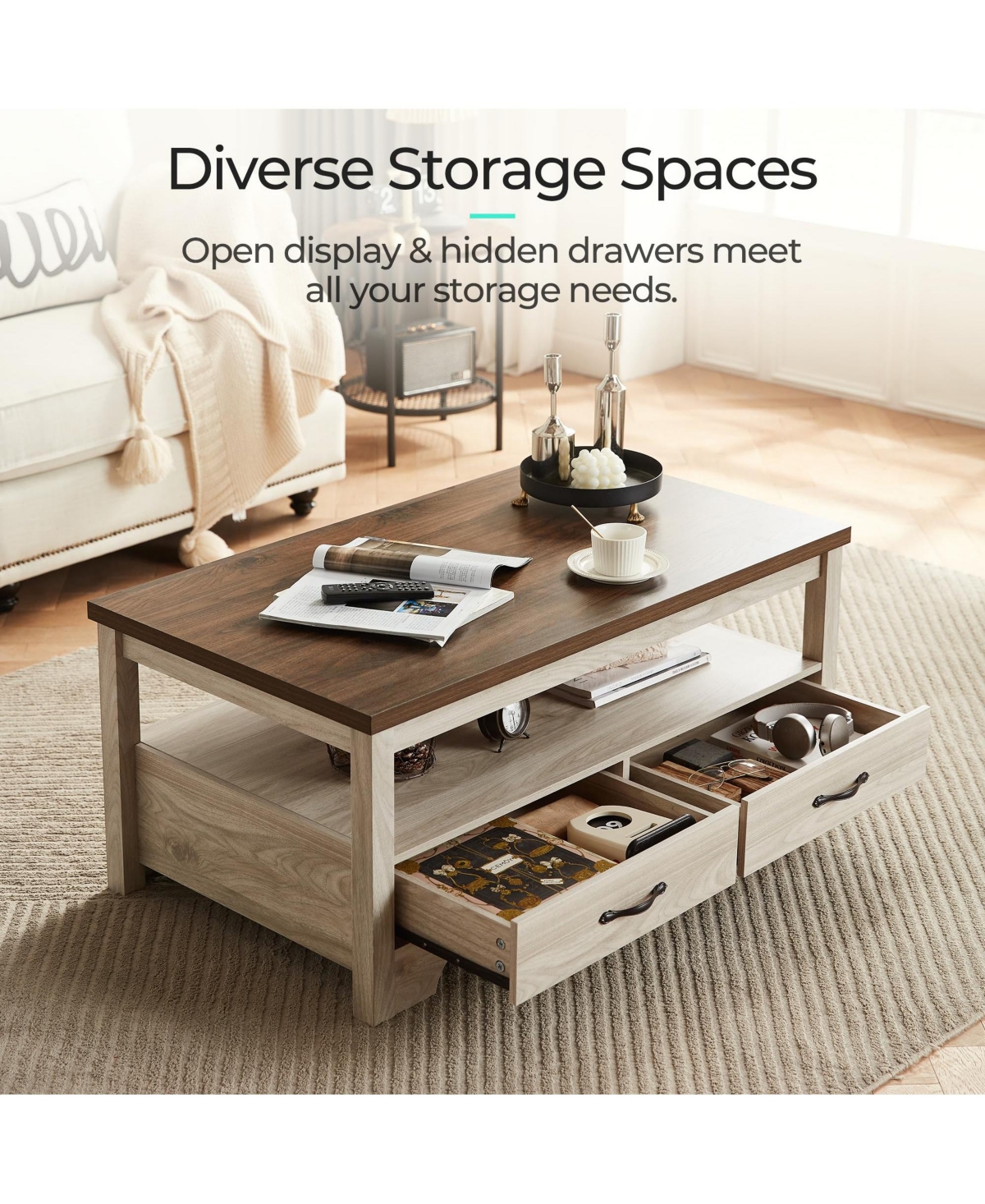 gaomon Farmhouse Coffee Table with 2 Drawers and Open Shelf Storage, Wood Rectangular Center for Living Room