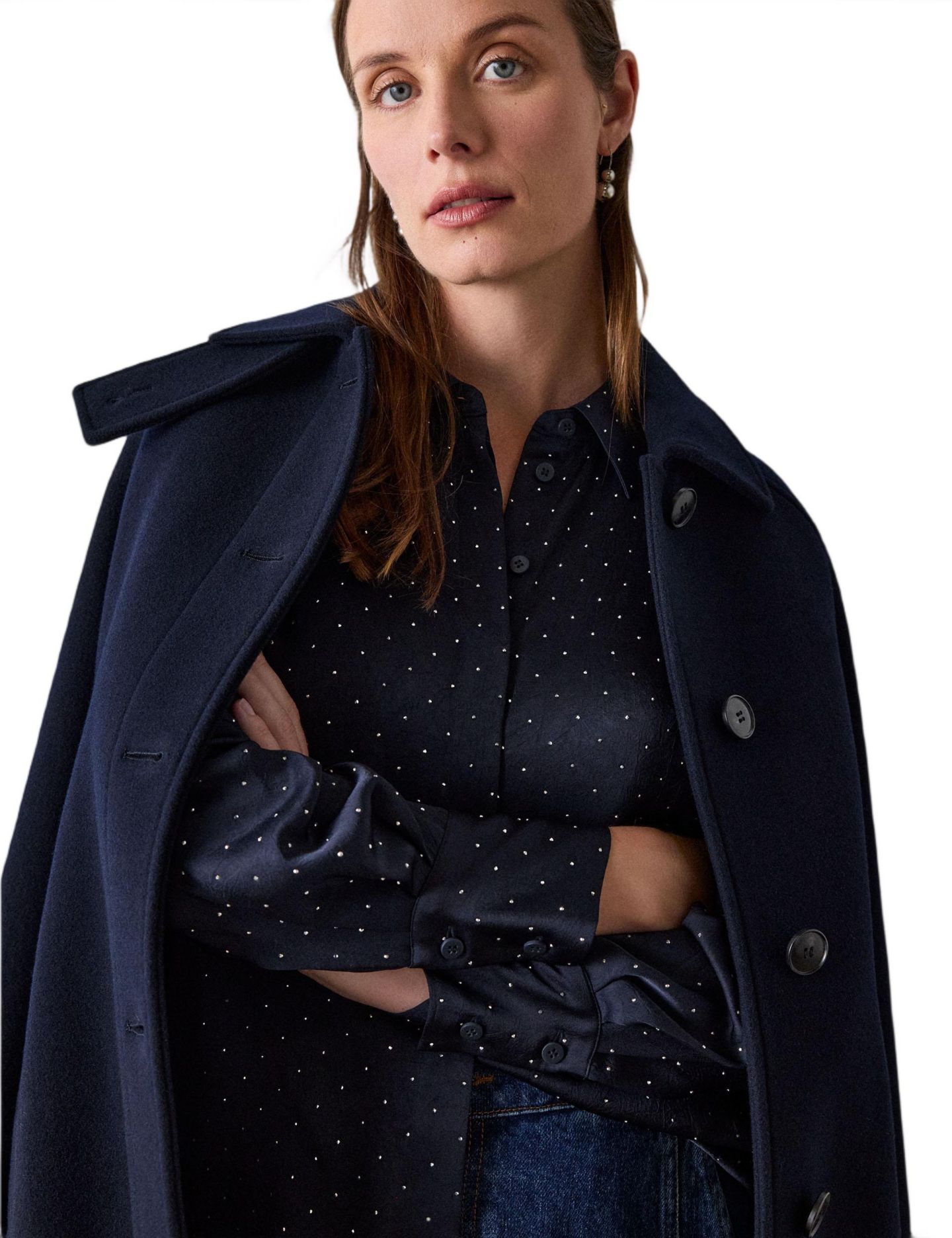 Женская блузка Whistles Polka-Dot Hammered Studded Satin, цвет: Тёмно-синий — фото 5