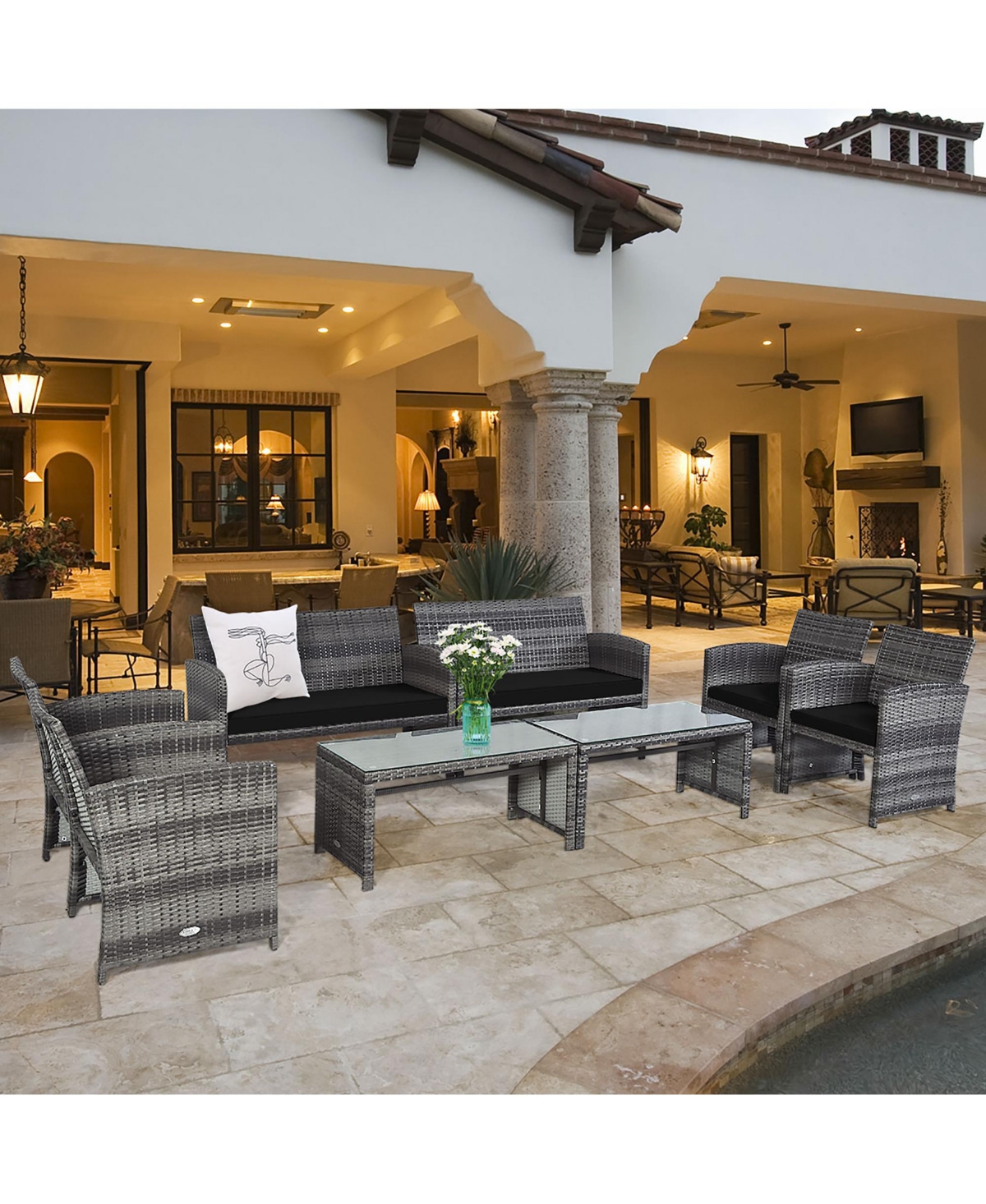 Costway 8 Piece Patio Rattan Furniture Set Glass Table Top Cushioned Sofa