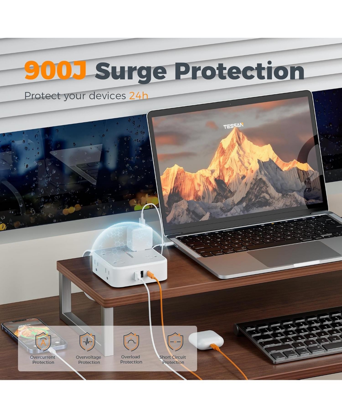 Tessan 10-Foot Power Strip with 8 Outlets, 3 Usb Ports and 900J Protection