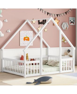 Wood House-Shaped Floor Bed with Fence, Guardrails
