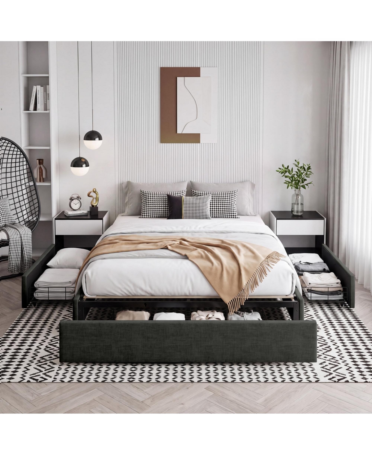 Homfan Full Size Platform Bed Frame with 3 Storage Drawers, Upholstered, No Headboard, Easy Assembly.