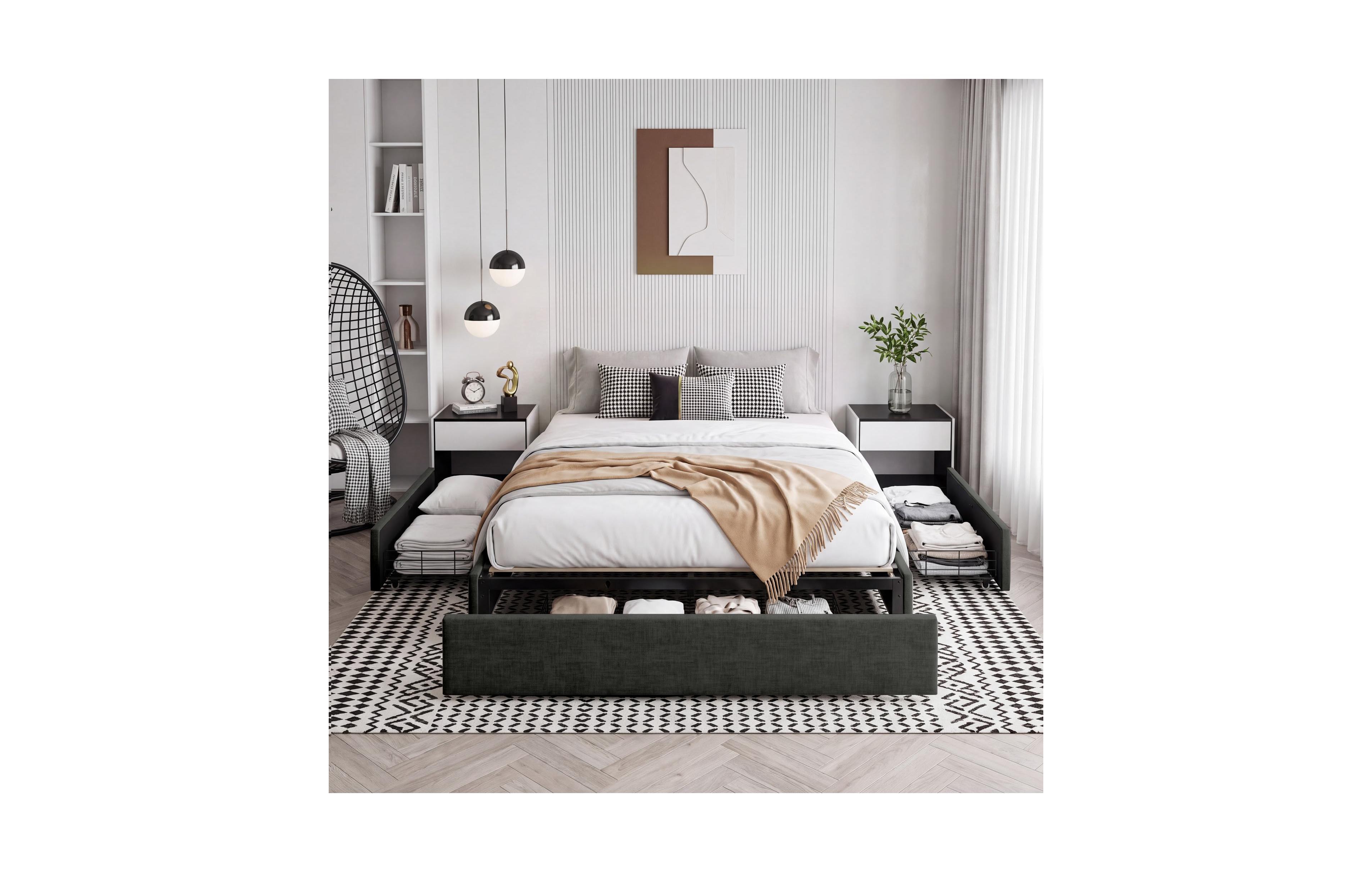 Homfan Full Size Platform Bed Frame with 3 Storage Drawers, Upholstered, No Headboard, Easy Assembly.