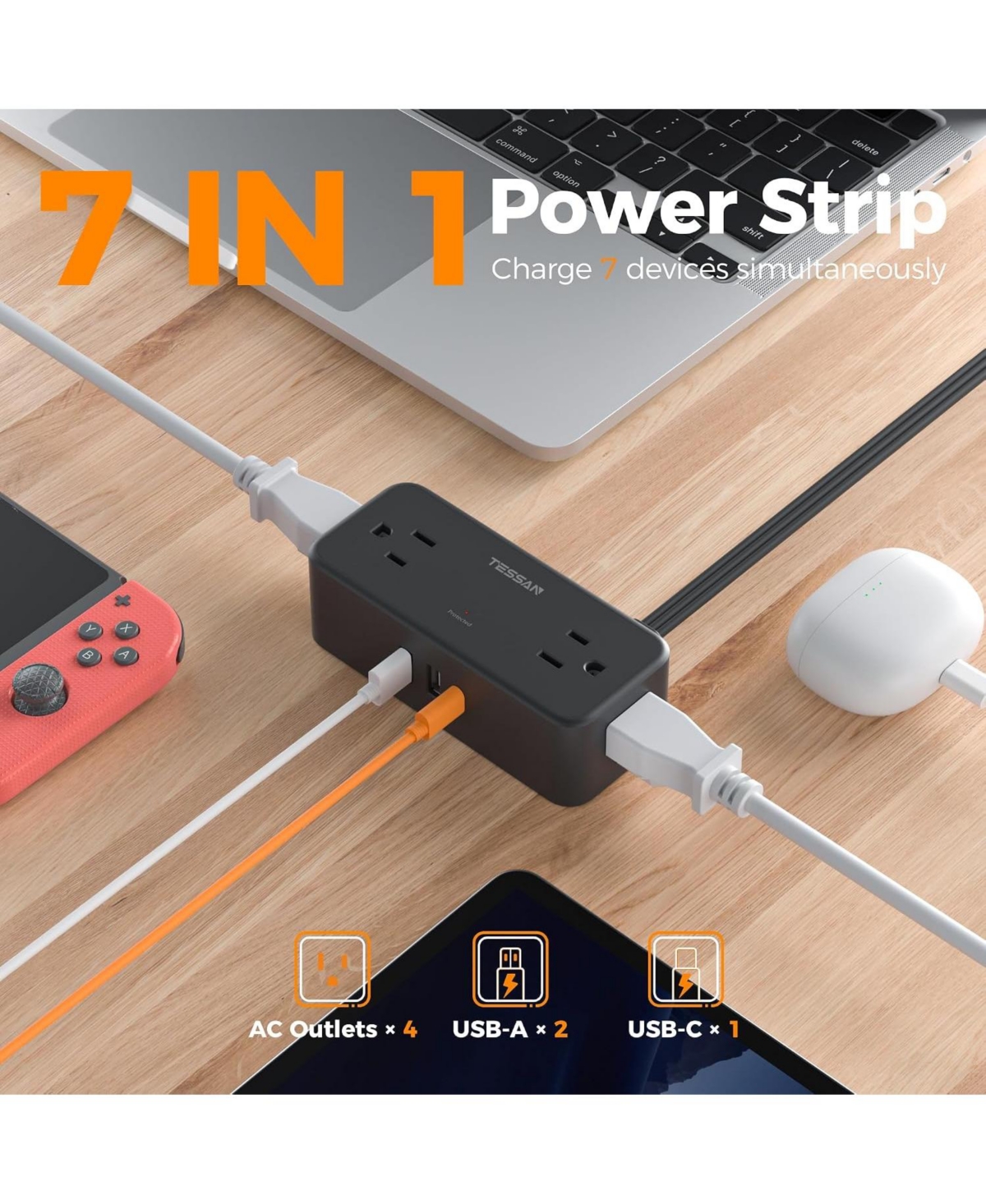 Tessan 5-Foot Surge Protection Power Strip with 4 Ac Outlets and 3 Usb Ports, Compatible with North American Plugs