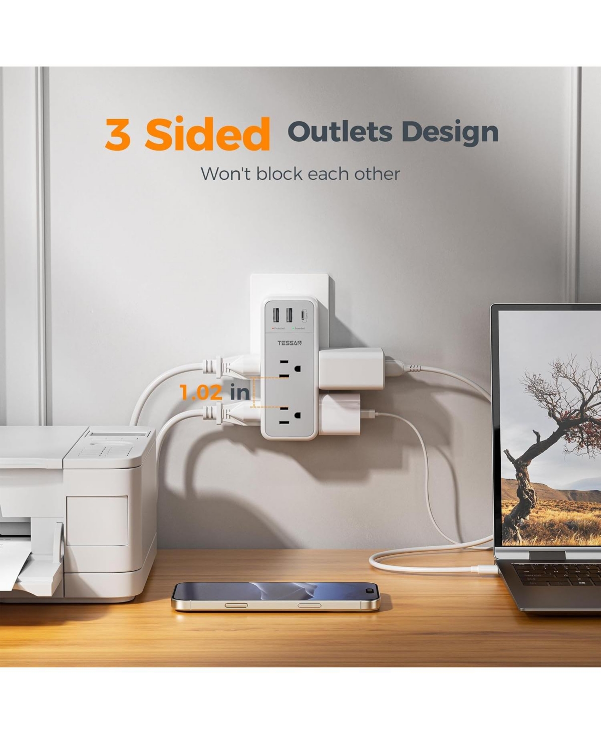 Tessan Rotating Outlet Splitter with 6 Ac Outlets and 3 Usb Ports
