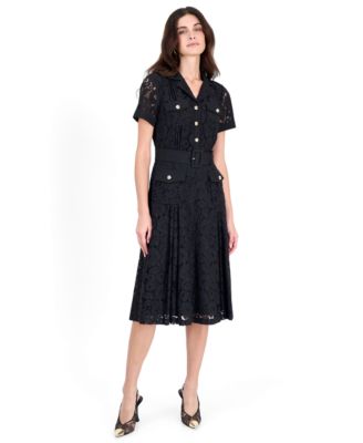 Women's Floral-Print Short-Sleeve Lace Shirt Dress