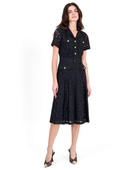Женское платье Tahari ASL Floral-Print Short-Sleeve Lace Shirt Dress, цвет: Чёрный