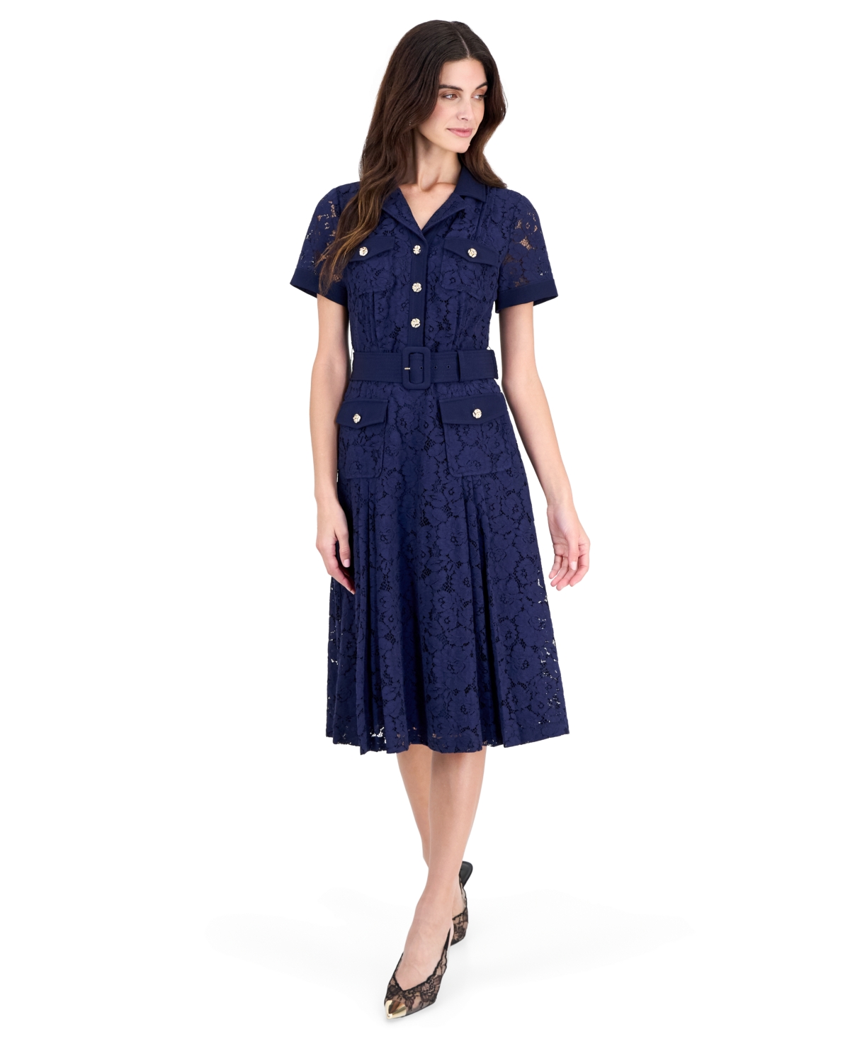 Tahari Asl Women's Floral-Print Short-Sleeve Lace Shirt Dress - Midnight Navy