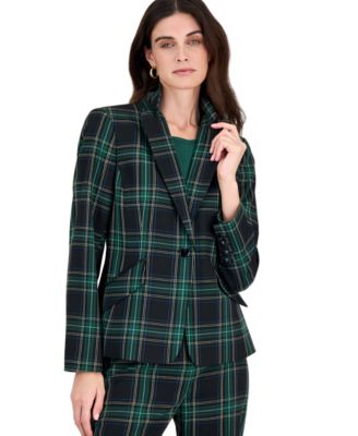 Women's Plaid Shoulder-Padded Stretch Blazer