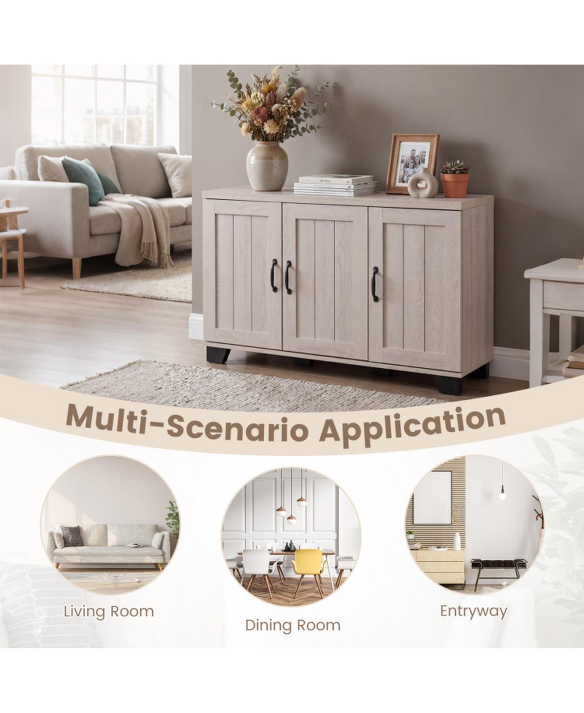Gouun 3-Door Buffet Sideboard with Adjustable Shelves and Anti-Tipping Kits