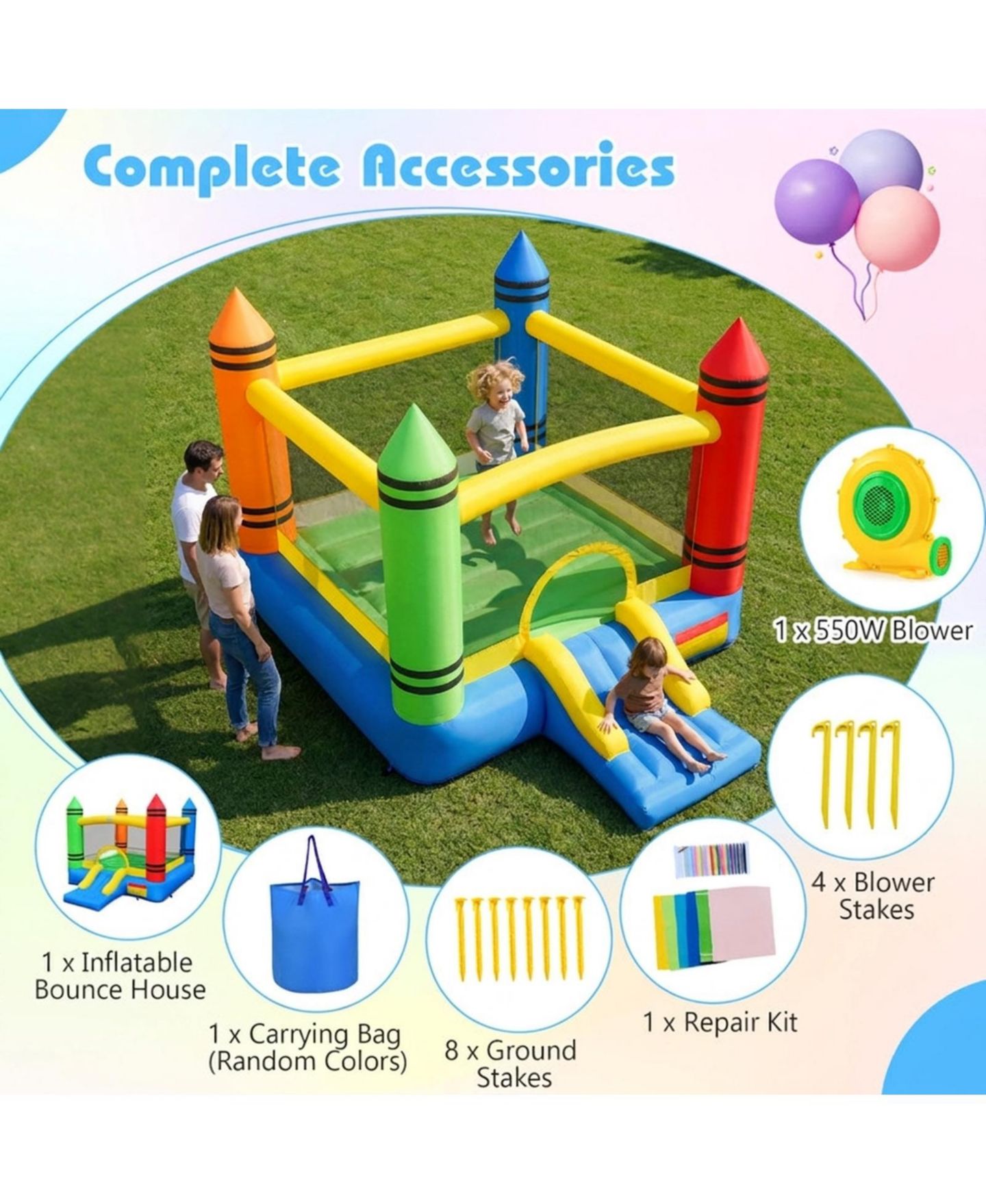 Детская игрушка HONGGE 2-in-1 Crayon Themed Inflatable Bounce House, Accommodates Up to 2 Children, Ages 3-12, цвет: Синий / Жёлтый — фото 5