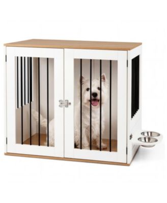 31.5 in Wooden Dog Kennel End Table with Swivel Feeding Bowls