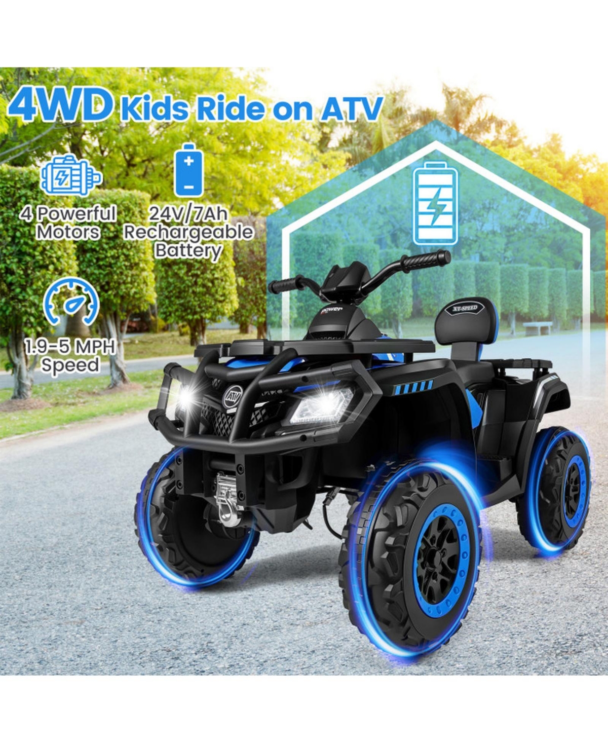 Hongge 24V 2-Seater Kids Ride-On Atv with Four Motors and Led Lights, Ages 3-8