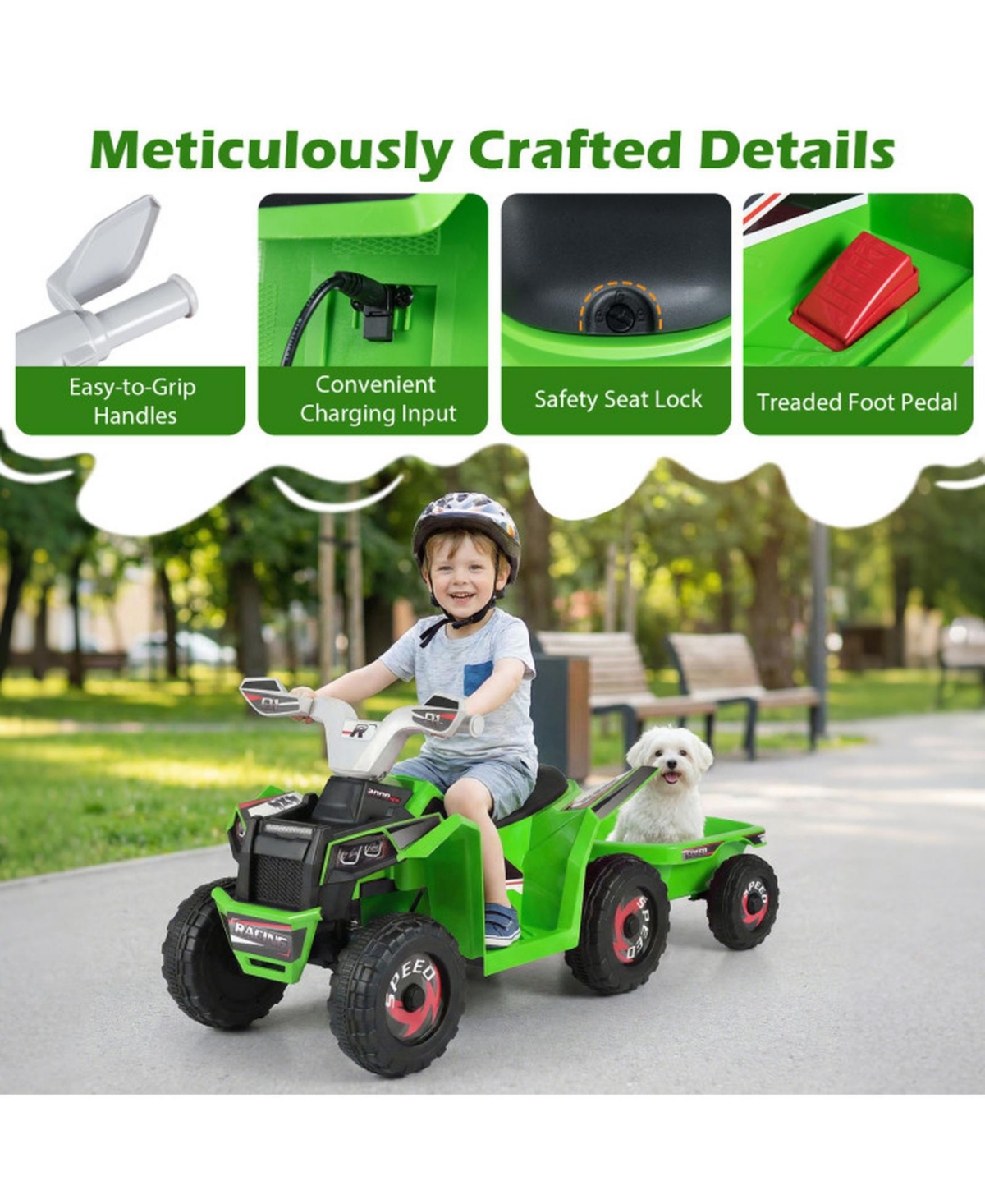Hongge 6V Kids Electric Atv Quad with Detachable Cargo Trailer, 2-Piece Set, Ages 3+