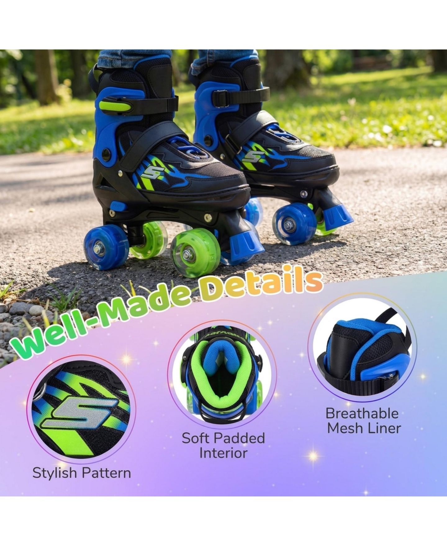 Детские игрушки HONGGE Adjustable Light-Up Wheels Quad Skates, Ages 7-9, цвет: Тёмно-синий — фото 8