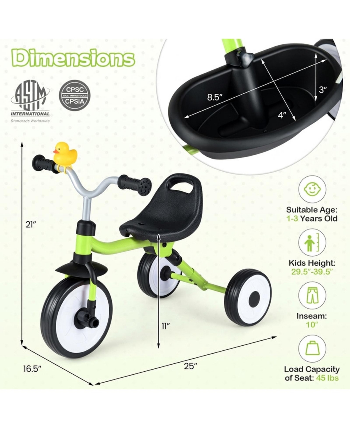 Hongge Toddler Tricycle with Adjustable Seat, Removable Pedals and Led Wheels, Ages 1-3