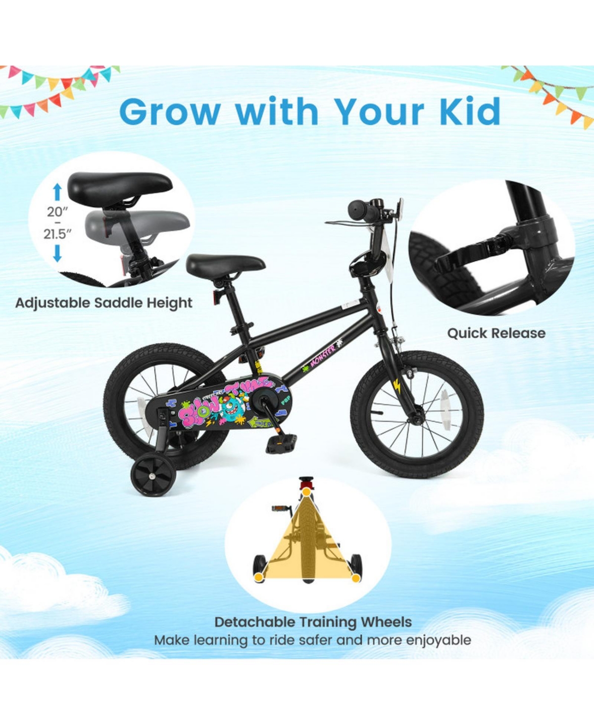 Hongge 14-Inch Kids Bike with Detachable Training Wheels and Dual Brakes, Ages 3-5