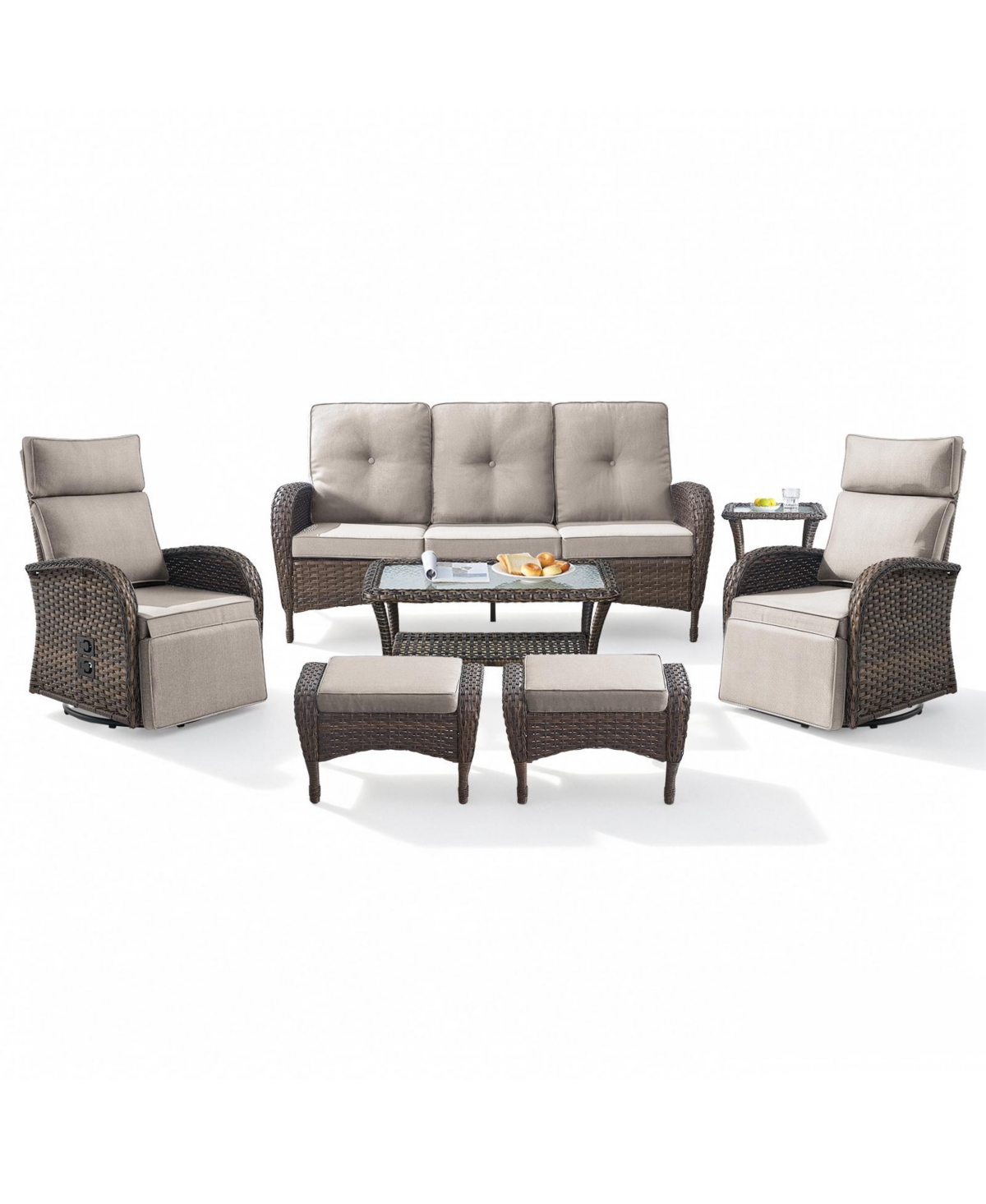 Pocassy All-Weather Wicker 7 - Person Patio Conversation Set with Recliner Swivel Chairs