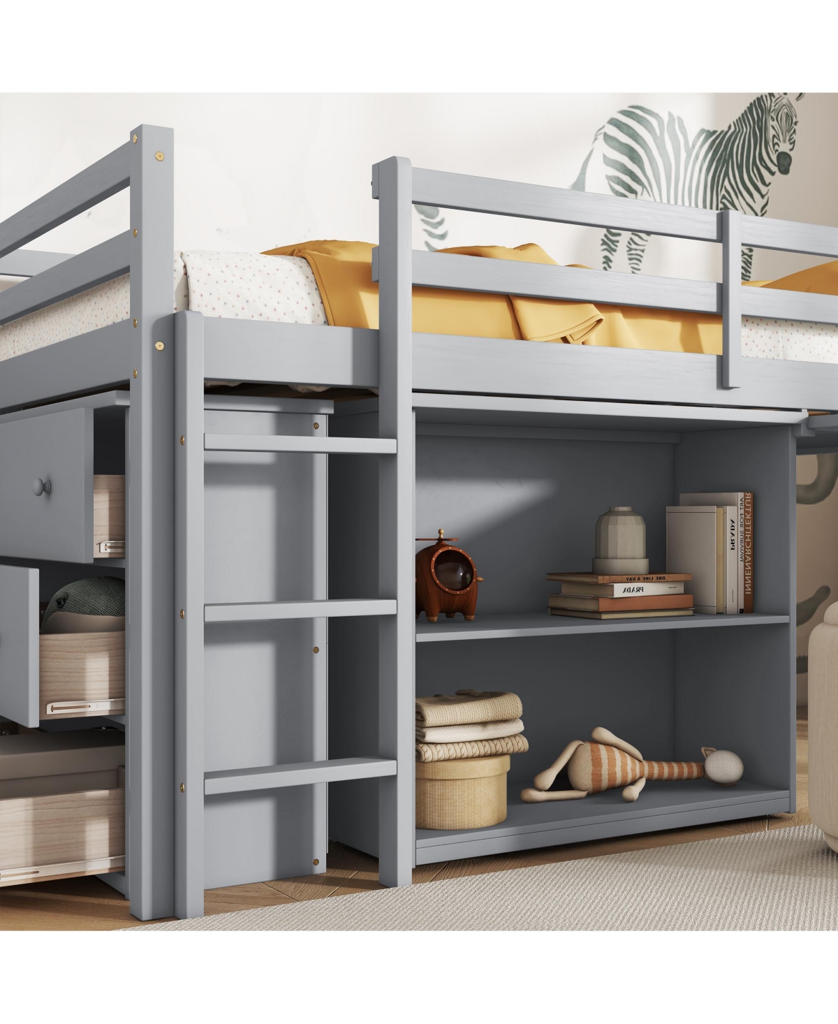 Sailvan Twin Loft Bed with Drawer Cabinet, Shelf Cabinet and Pulling Out Desk, Guardrail ,Ladder