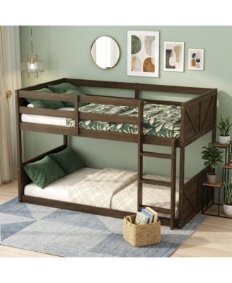 Twin over Twin Floor Bunk Bed with Panelled Headboard, Solid Rubber Wood Foundation