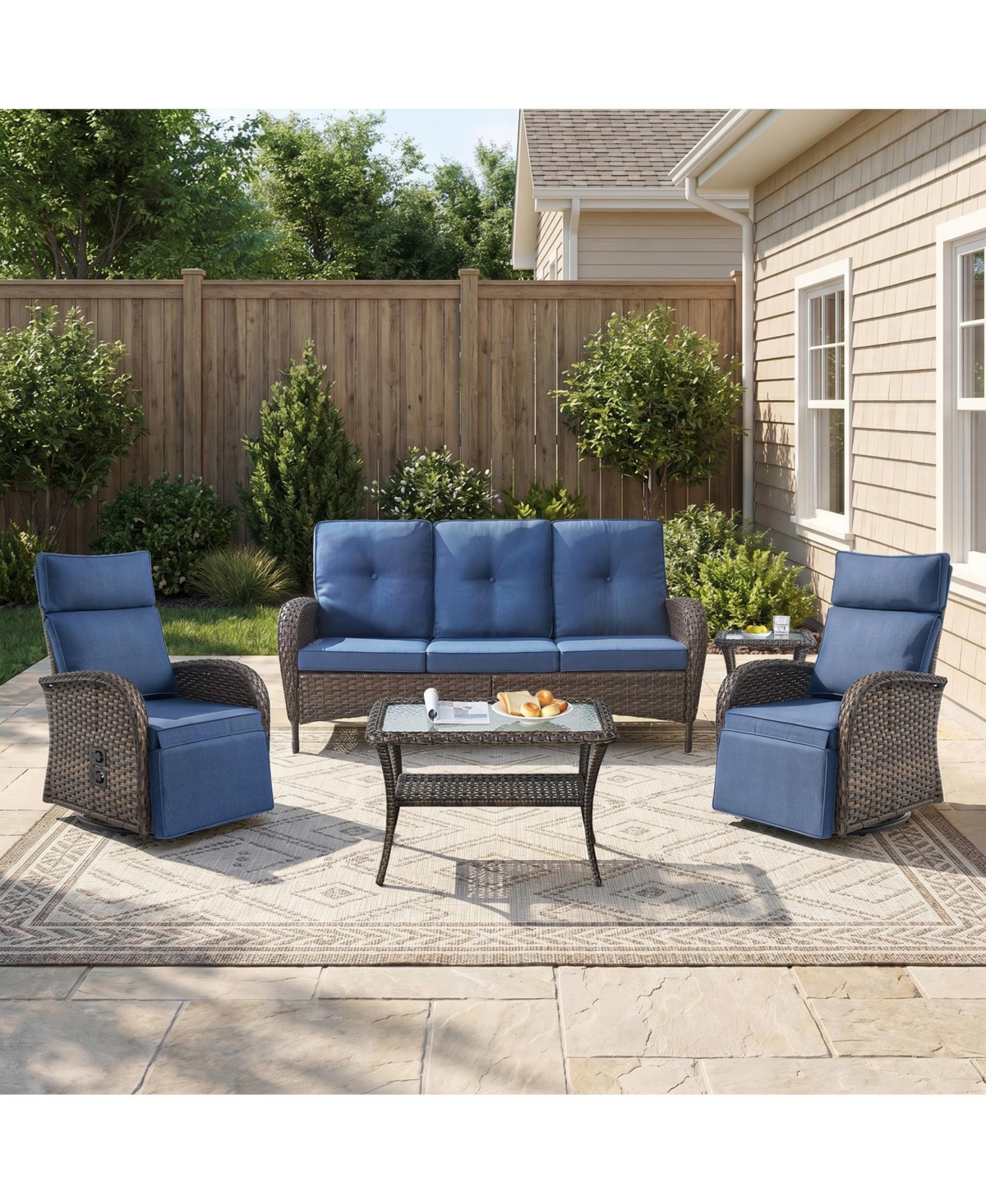 Pocassy 5 Piece Wicker Patio Furniture Set with Outdoor Swivel Recliner Chair, All-Weather Conversation Set - Blue - 5pcs patio set
