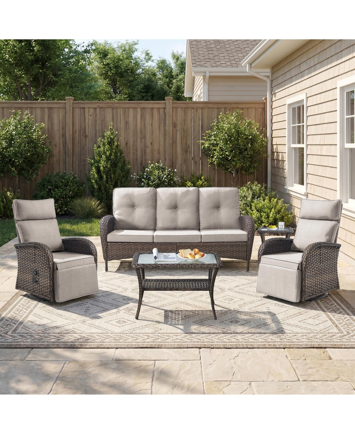 Pocassy 5 Piece Wicker Patio Furniture Set with Outdoor Swivel Recliner Chair, All-Weather Conversation Set - Beige - 5pcs patio set