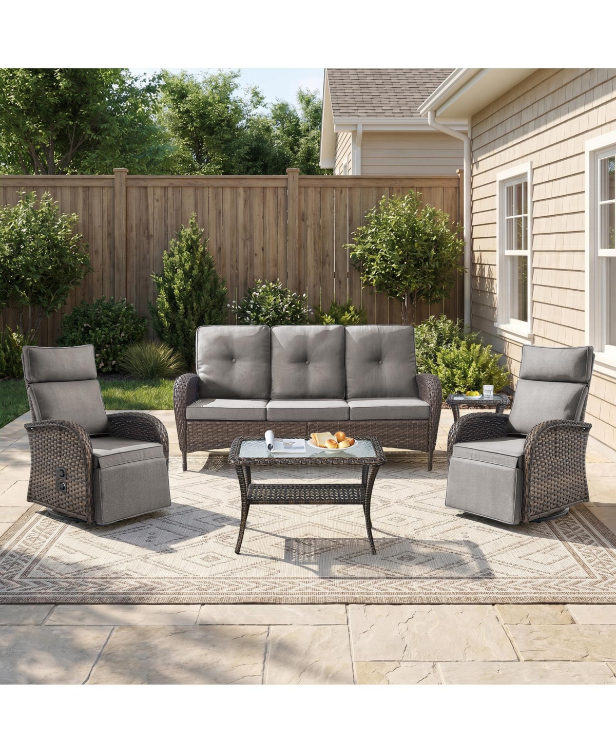 Pocassy 5 Piece Wicker Patio Furniture Set with Outdoor Swivel Recliner Chair, All-Weather Conversation Set - Grey - 5pcs patio set