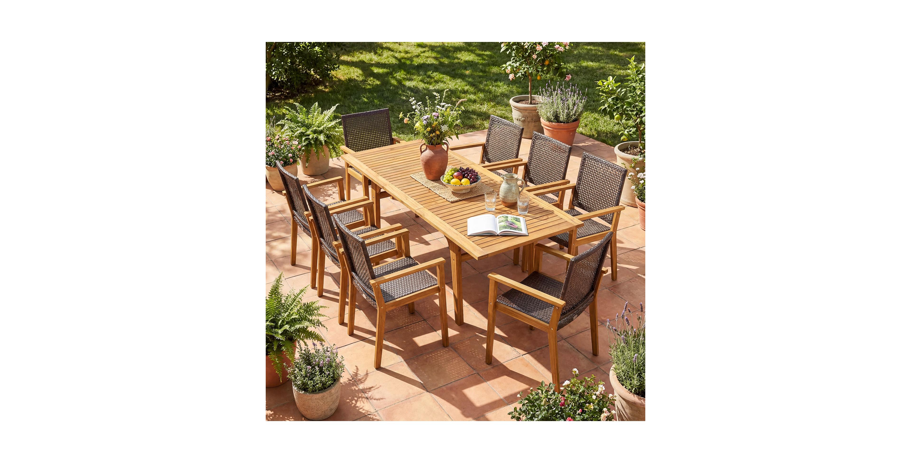 Costway 9 Pieces Expandable Patio Dining Set with 1.97inch Umbrella Hole and 8 Armchairs for Garden
