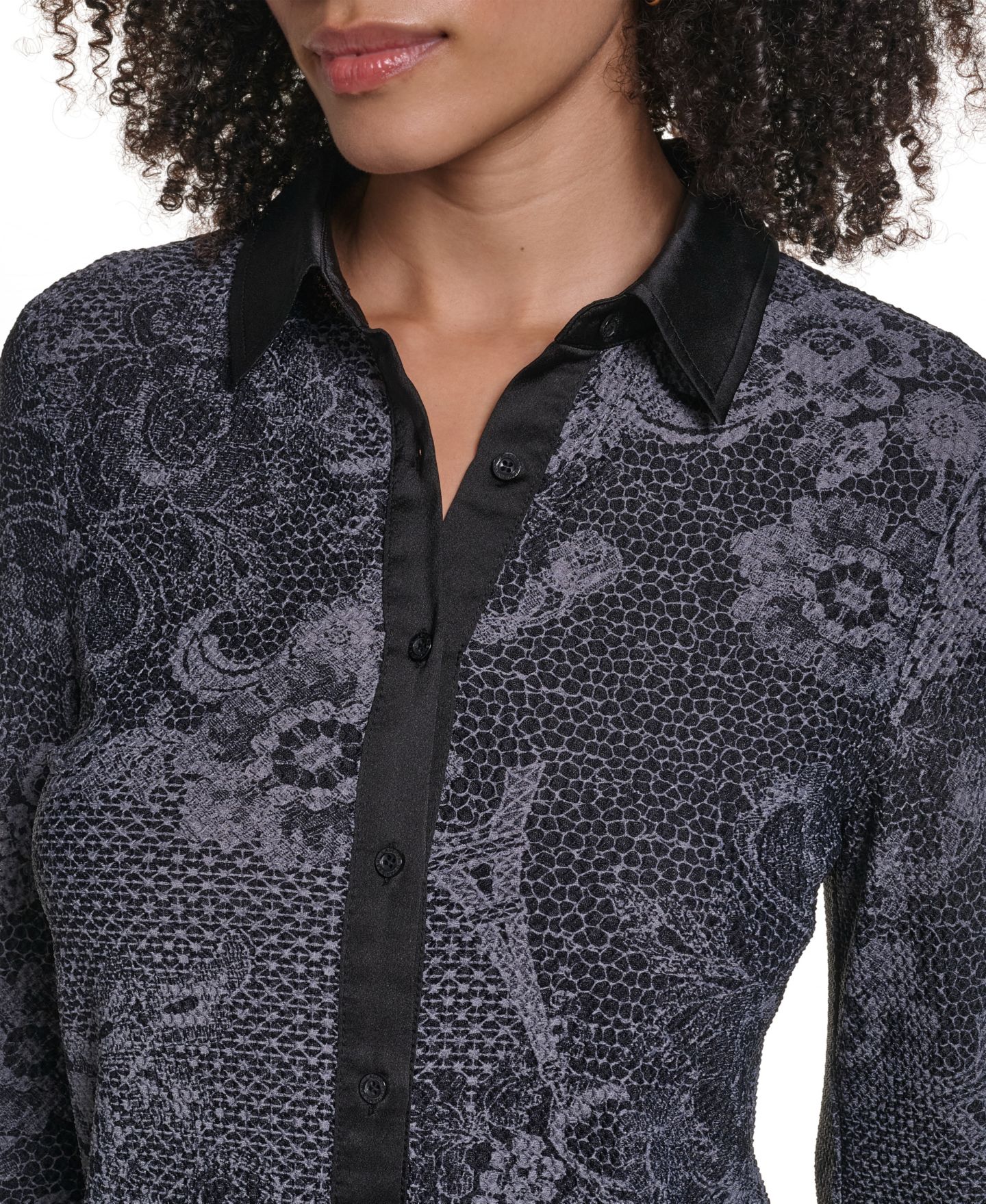 Женская блузка KARL LAGERFELD PARIS Petite KL2008 Long-Sleeve Button-Up Point Collar Blouse, цвет: Чёрный / Графитовый меланжевый — фото 4