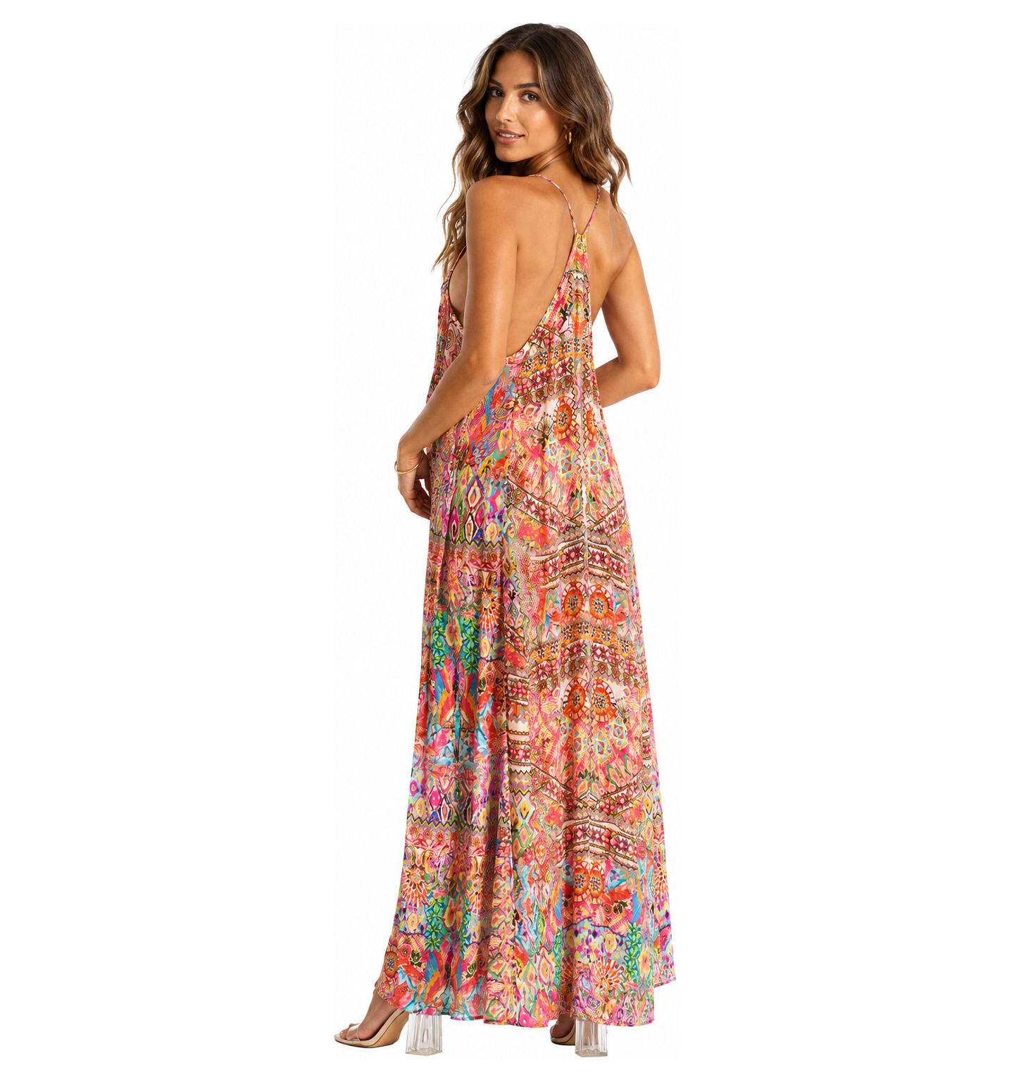 Женское платье La Moda Clothing Halter Plunging V-Neck High-Low Maxi, цвет: Коралловый разноцветный — фото 2