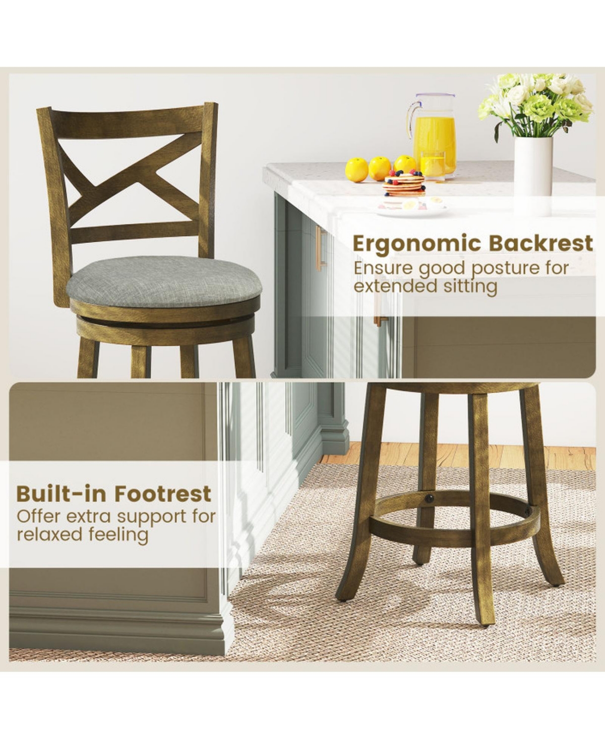 Gouun Rubber Wood Swivel Bar Stools Set of 2 with 25 Inch Linen Padded Seats