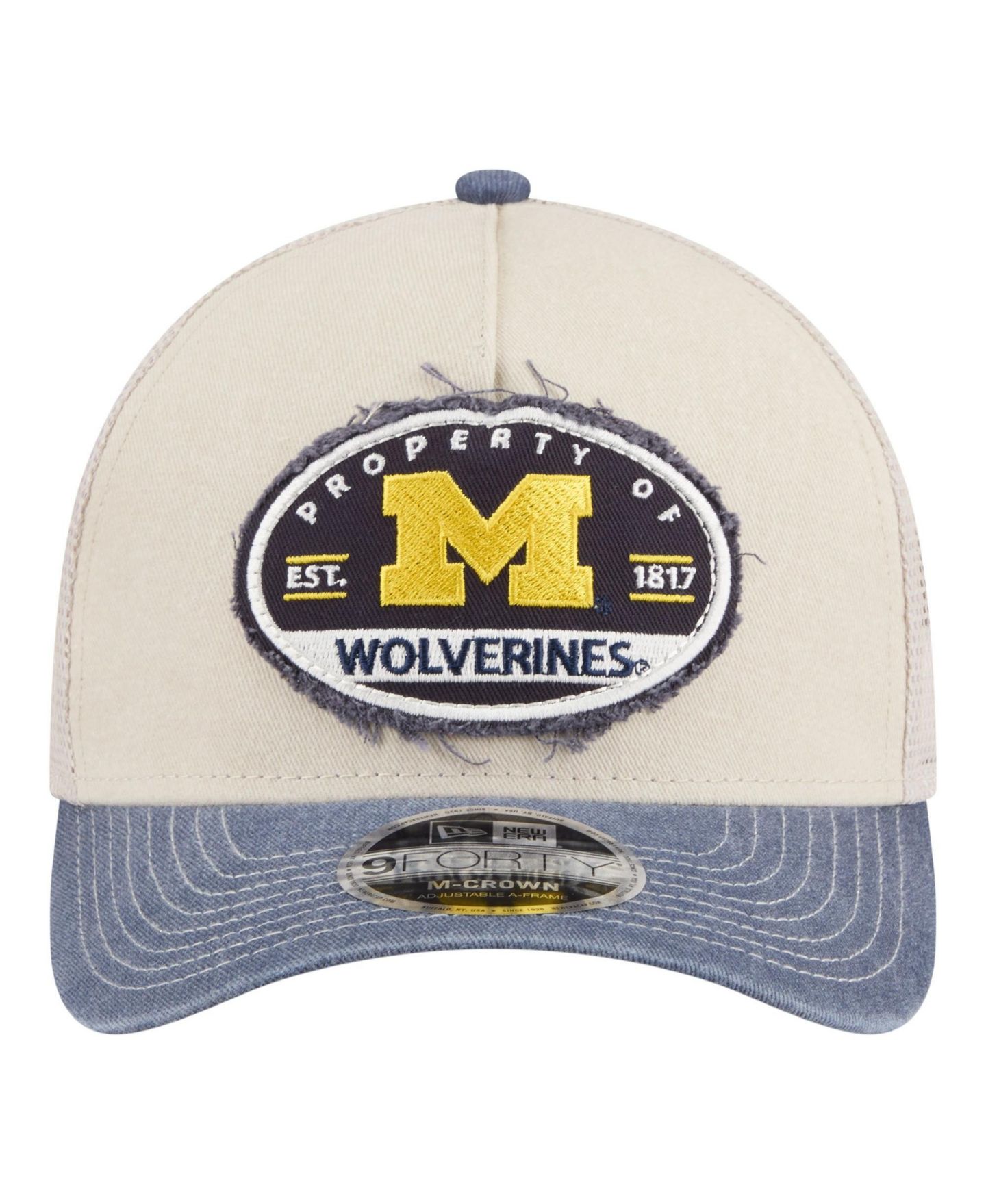 Мужская кепка New Era Stone/Navy Michigan Wolverines Frayed Patch 9FORTY M-Crown A-Frame Trucker Adjustable Hat — фото 4