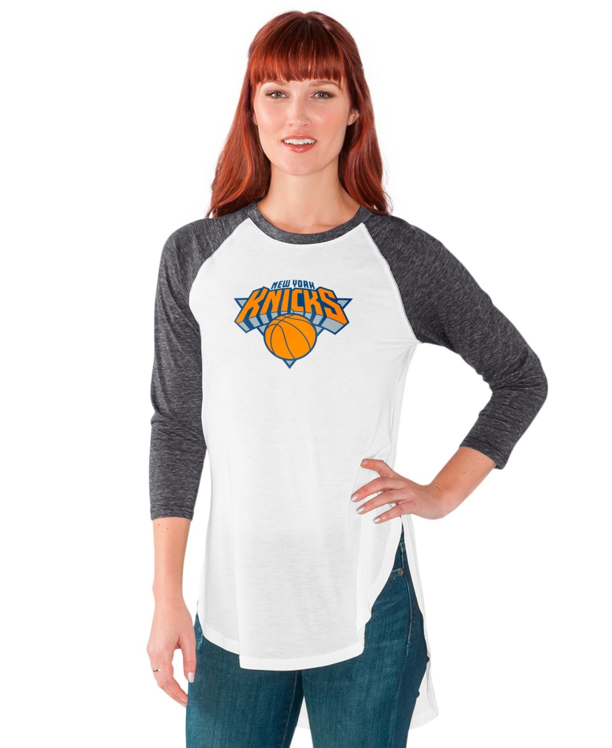 G-iii 4Her by Carl Banks Women's White/Heather Charcoal New York Knicks All-Star Raglan 3/4-Sleeve T-Shirt