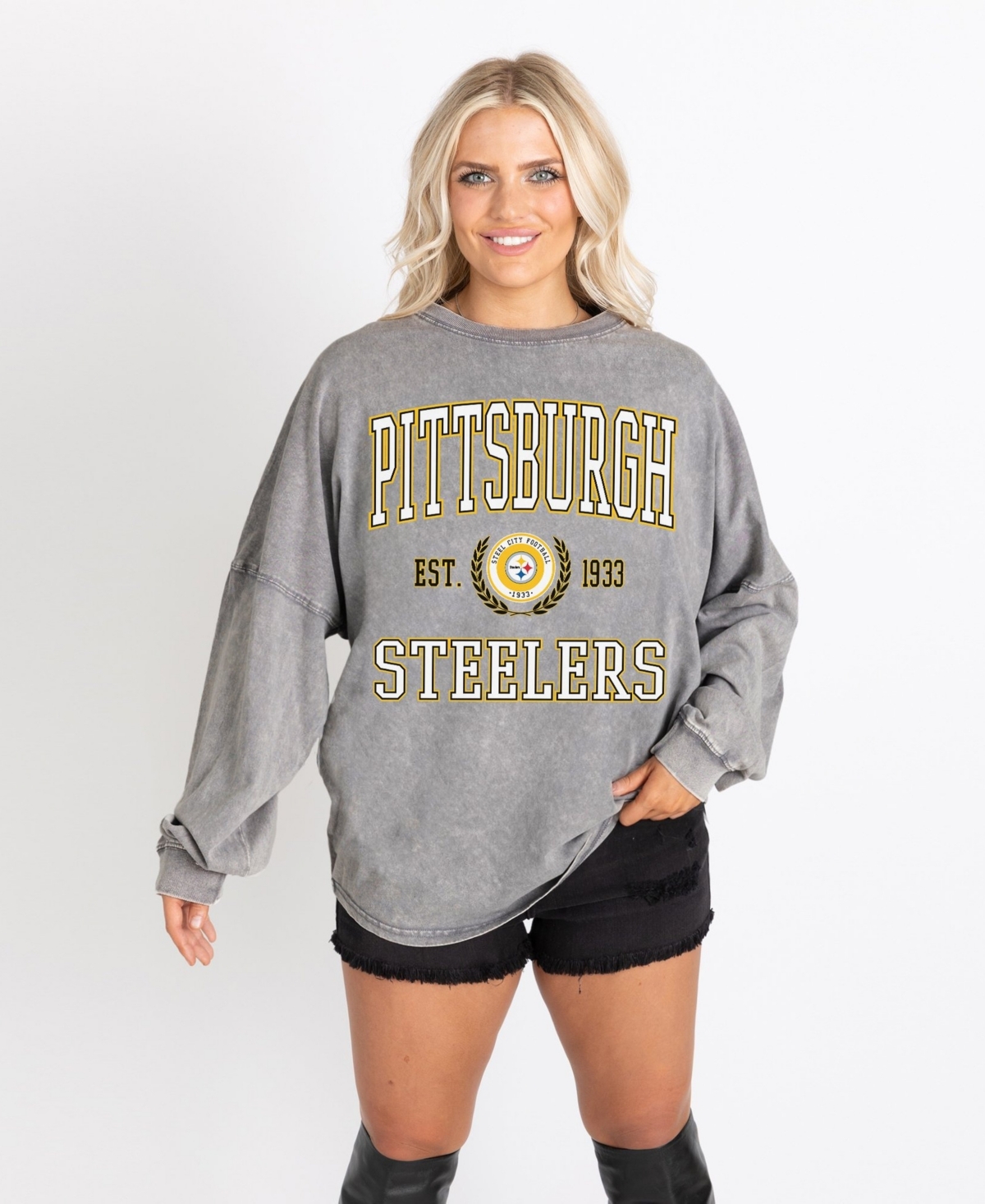 Gameday Couture Women's Gray Pittsburgh Steelers Oversized Final Score Snow Wash Long Sleeve T-Shirt
