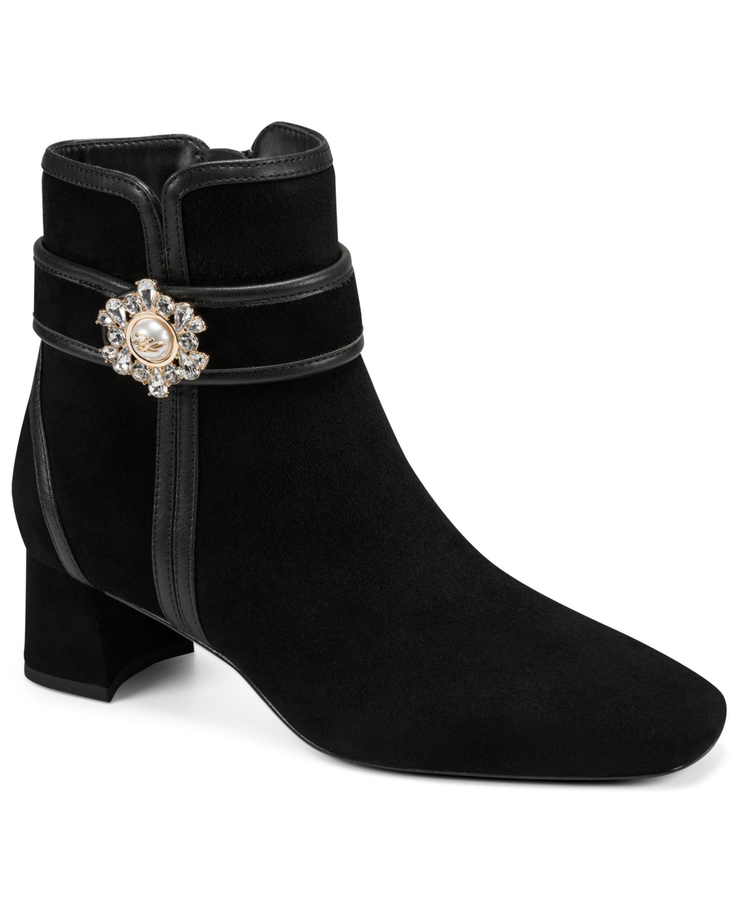 Женские ботинки KARL LAGERFELD PARIS Serafina Embellished-Buckle Block-Heel Leather Booties, цвет: Чёрный — фото 1