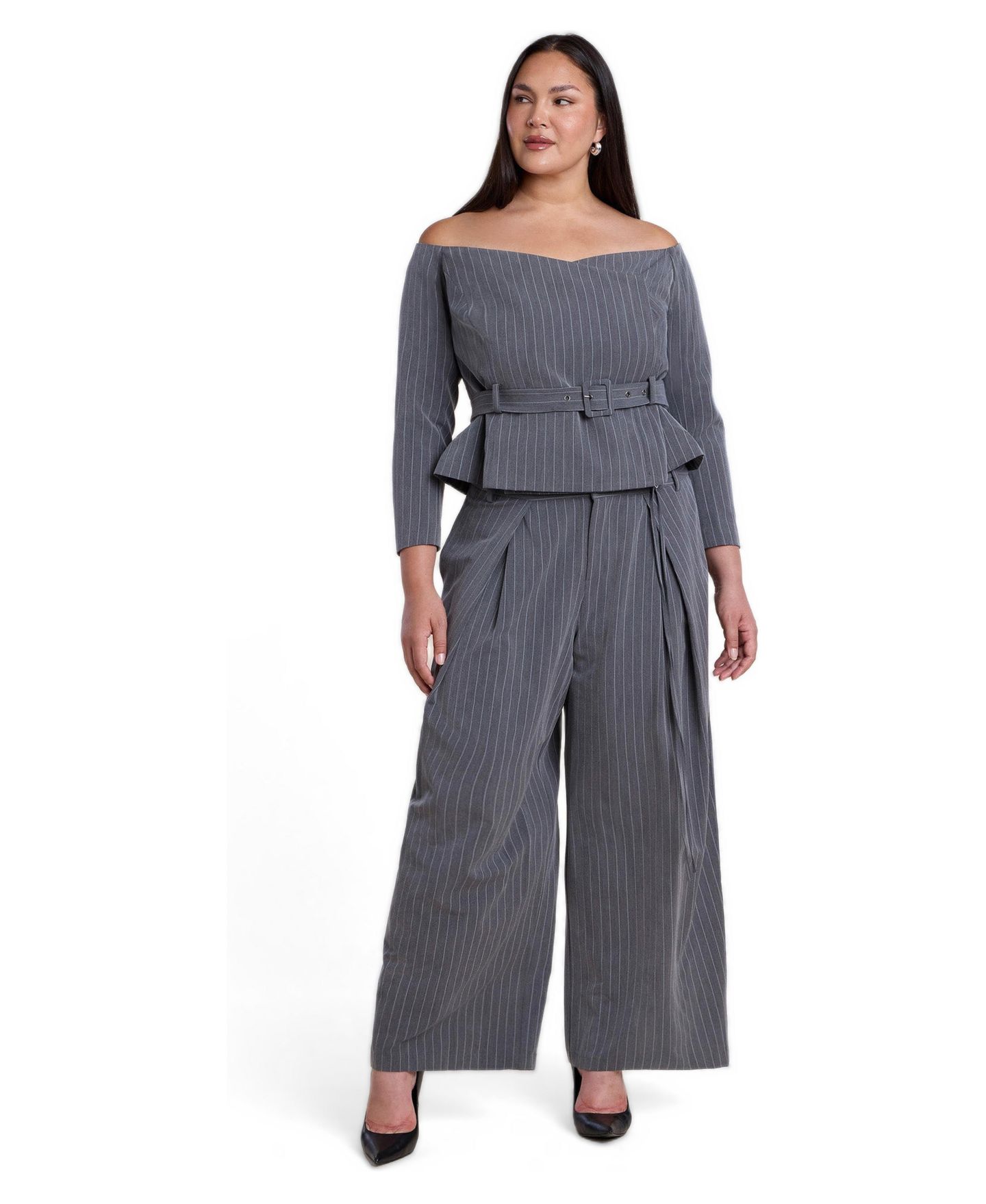 Женский топ ELOQUII Plus Size Off The Shoulder Belted Blazer Top, цвет: Тёмный меланжевый серый — фото 3