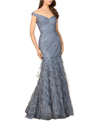 Off Shoulder Mermaid Beaded Gown with Feathers