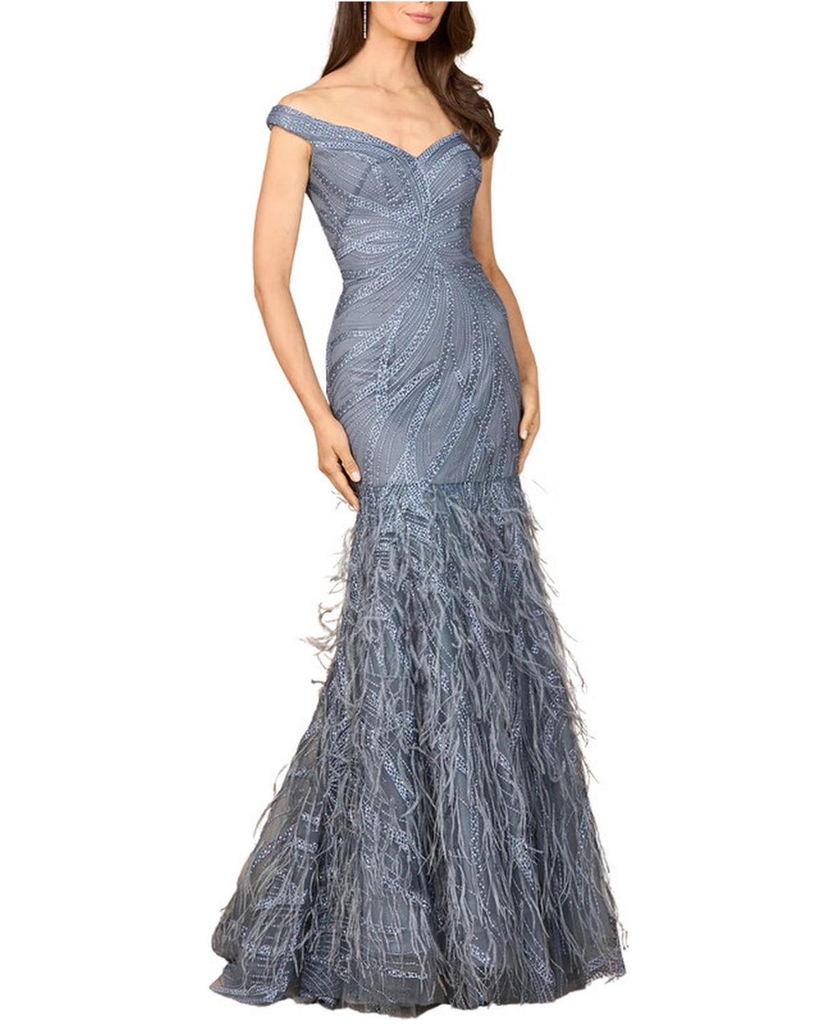 Lara Women's Off Shoulder Mermaid Beaded Gown with Feathers